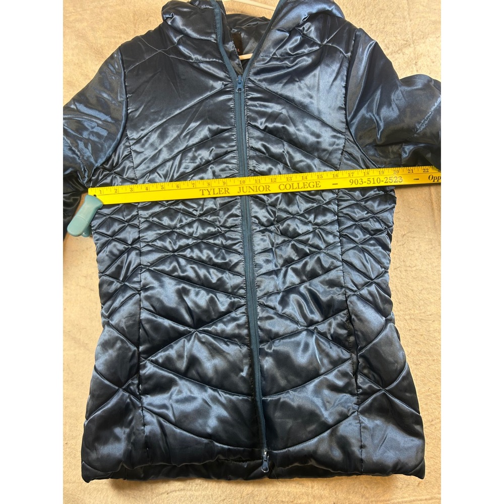 i5 Apparel Women's Quilted Puffer Hooded Jacket Dark Blue Shiny Size‎ L - Picture 3 of 7
